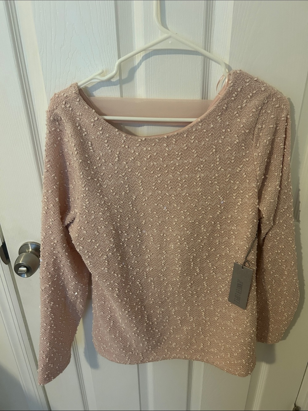 Textured Bubble Knit Women's Sweater in Blush with sequence. Jennifer Lopez